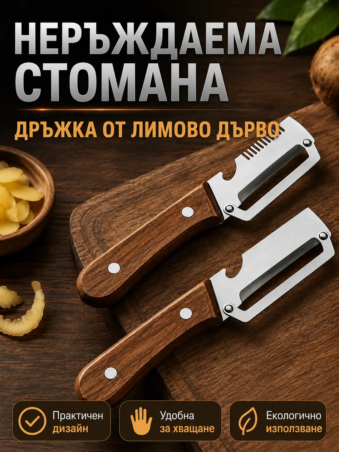 Неръждаема стомана и дървена дръжка